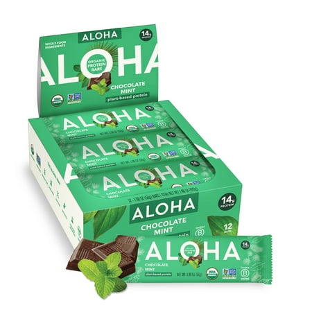 ALOHA Plant Based Protein Bars, Chocolate Mint, 14g Protein (Pack of 12)