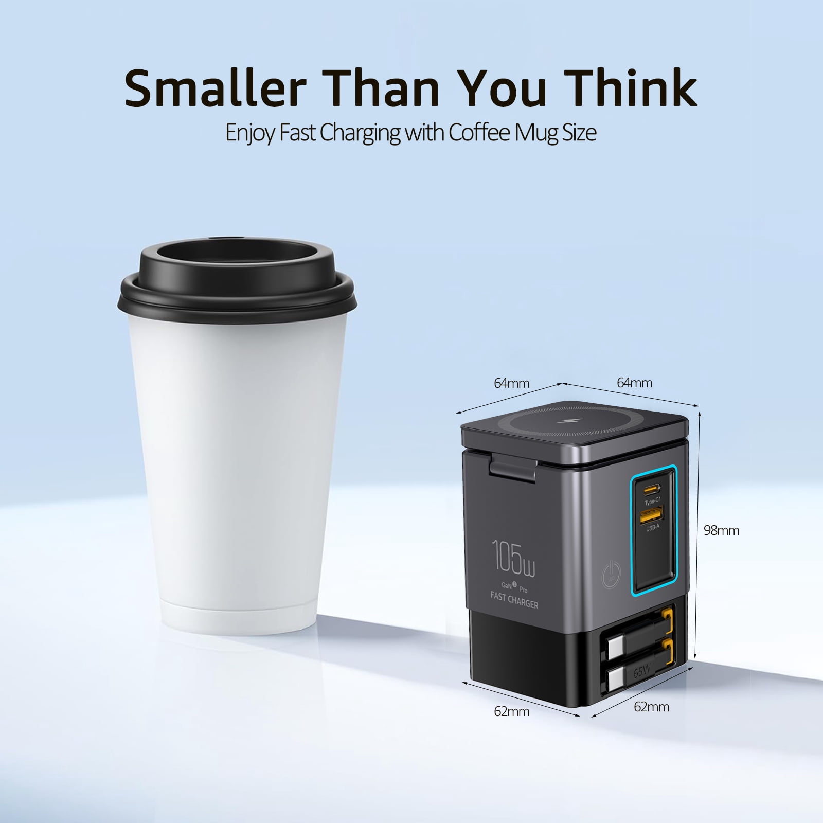 105W Black 6-in-1 GaNFast™ Charging Station Total Output, 15W MagSafe Wireless Charger, PD65W Retractable Type-C Cable, PD20W Retractable Lightning Cable, PD18W USB-A Port, AirPods Wireless Charger