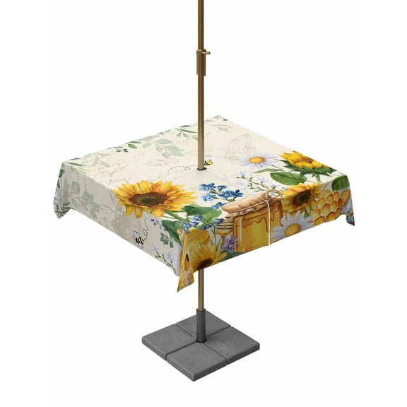 Outdoor Tablecloth with Umbrella Hole for Patio/Picnic/Party/Camping, Sunflowers Waterproof Table Cloth Square Cover Washable, Floral Green Leaves Bees Watercolor (60"x 60")
