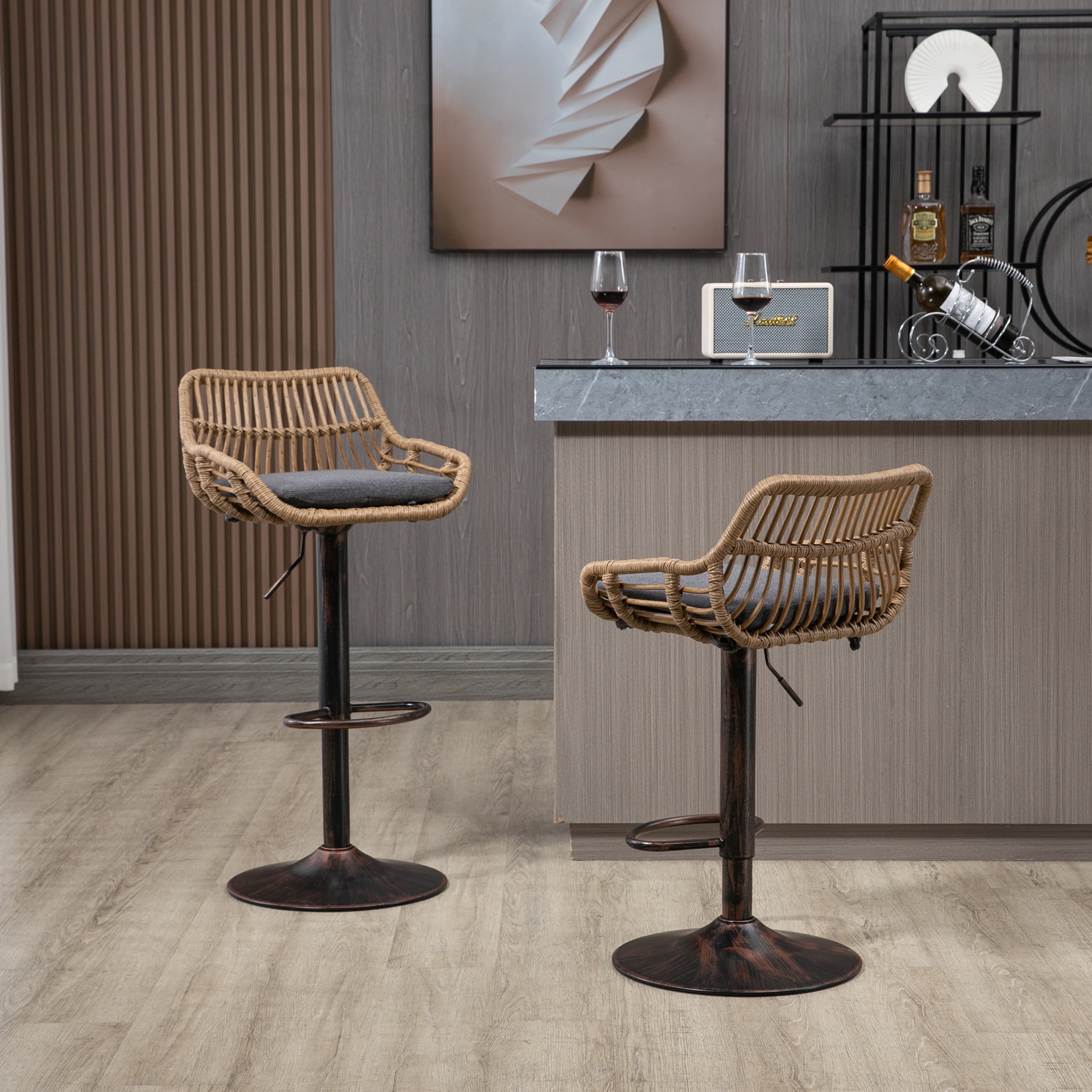 Noble House Swivel Bar Stools Set of 2, Adjustable Linen Counter Height Chairs with Footrest, Gray
