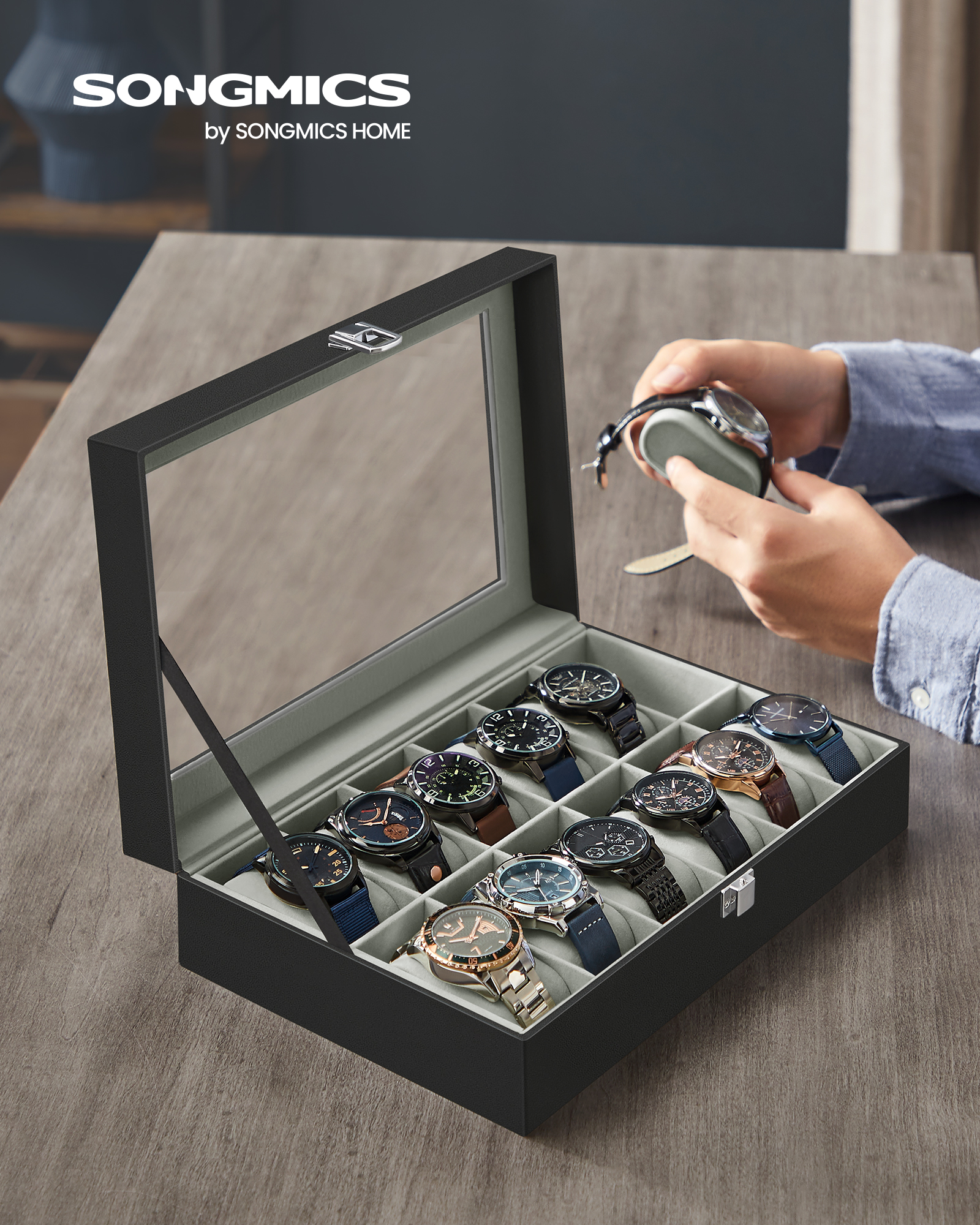 Songmics 12-Slot Watch Box With Glass Lid photo 2