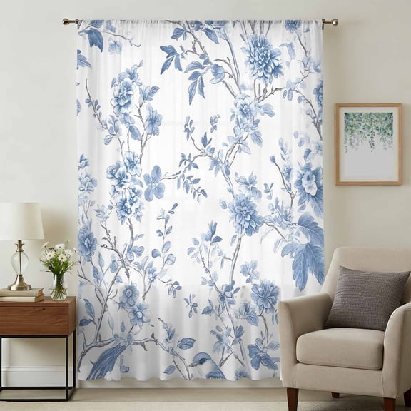Blue White Spring Floral Sheer Curtains 45 Inches Long, Summer Botanical Birds Light Filering Curtains, Breathable Simi Curtain Privacy Drapes for Kitchen Bathroom Lightweight Small Window Treatment