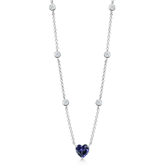 Gem Stone King 925 Sterling Silver Blue Iolite and White Moissanite Long By The Yard Chain Necklace for Women (1.14 Cttw, Heart Shape 7MM, 17 inch with 2 inch Extender)