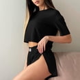 thumbnail image 3 of Jamicy Women's Pajamas Set Solid Color Casual Sleepwear Tee Shirts and Shorts Side Slit Crewneck Loungewear Two-Piece Set for Home Wear, 3 of 9