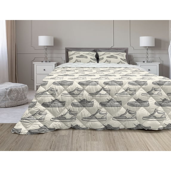 Sketch Comforter & Sham Bedding Set, Repeating Illustration of Hand Drawn Outline Retro Shoes Sneakers Fashion Print, 3 pcs Duvet Set Microfiber Filling Quilt, 5 Sizes, Black and Ivory, by Ambesonne