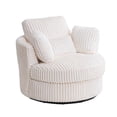 thumbnail image 3 of Oversized 360° Swivel Accent Chair with Detachable Cushions & Pillows, Upholstered Corduroy Armchair with Solid Wood Frame & Iron Legs, Modern Soft Barrel Chair for Living Room Bedroom, White, 3 of 8