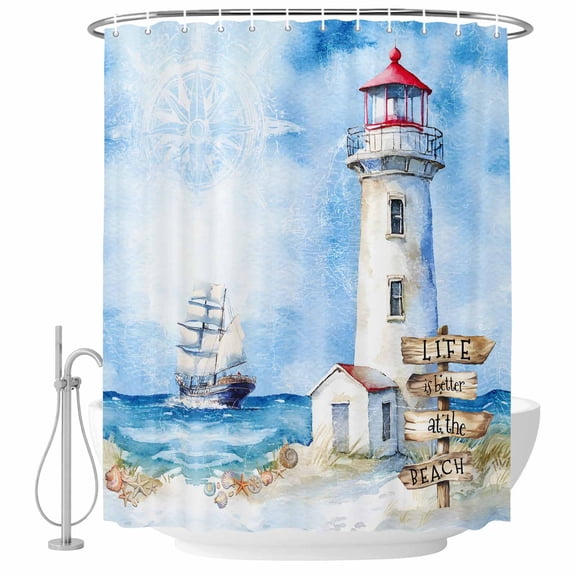 Vintage Bathroom Shower Curtains with Hooks, Ocean Lighthouse Nautical Sailboat Starfish Waterproof Fabric Washable Shower Curtain for Home Hotel Bathtub Decor 36x72 Inch