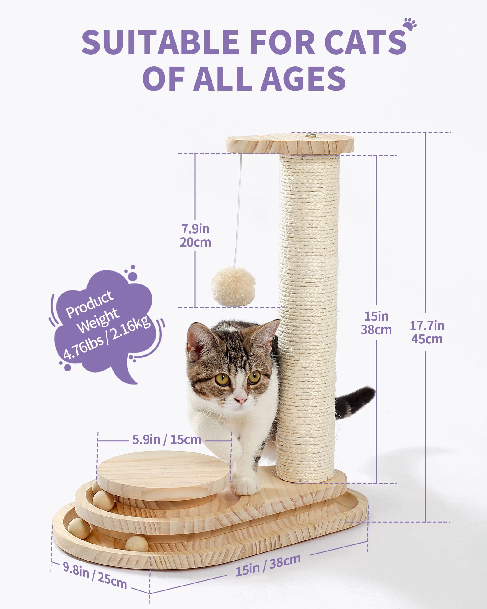 Made4Pets Beige Wooden Cat Scratching Post with Play Ball Interactive Toy，5"L x 9.8"W x 17.7"H