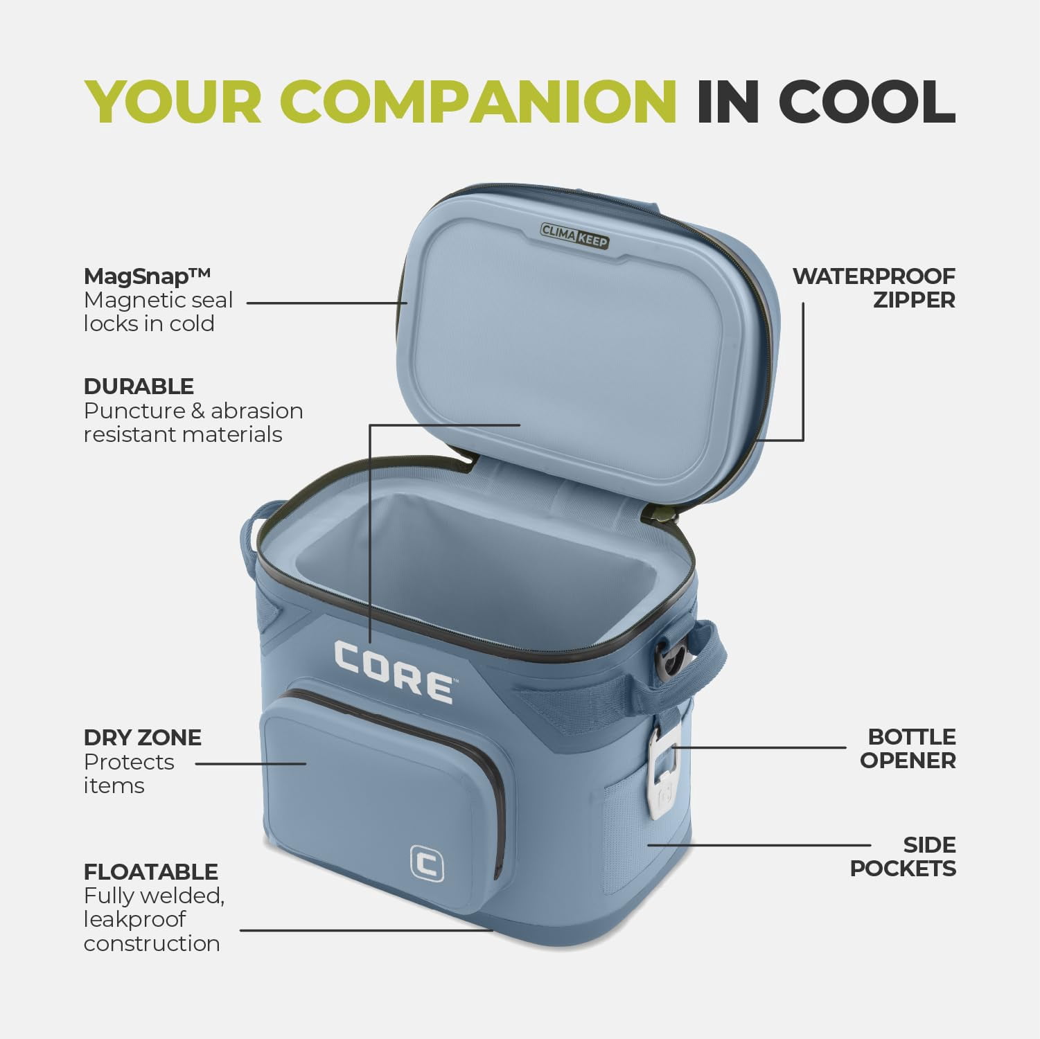 CORE 12 Can Climakeep Magnetic Soft Cooler, Leakproof Cooler, Waterproof Zipper, Steel Blue