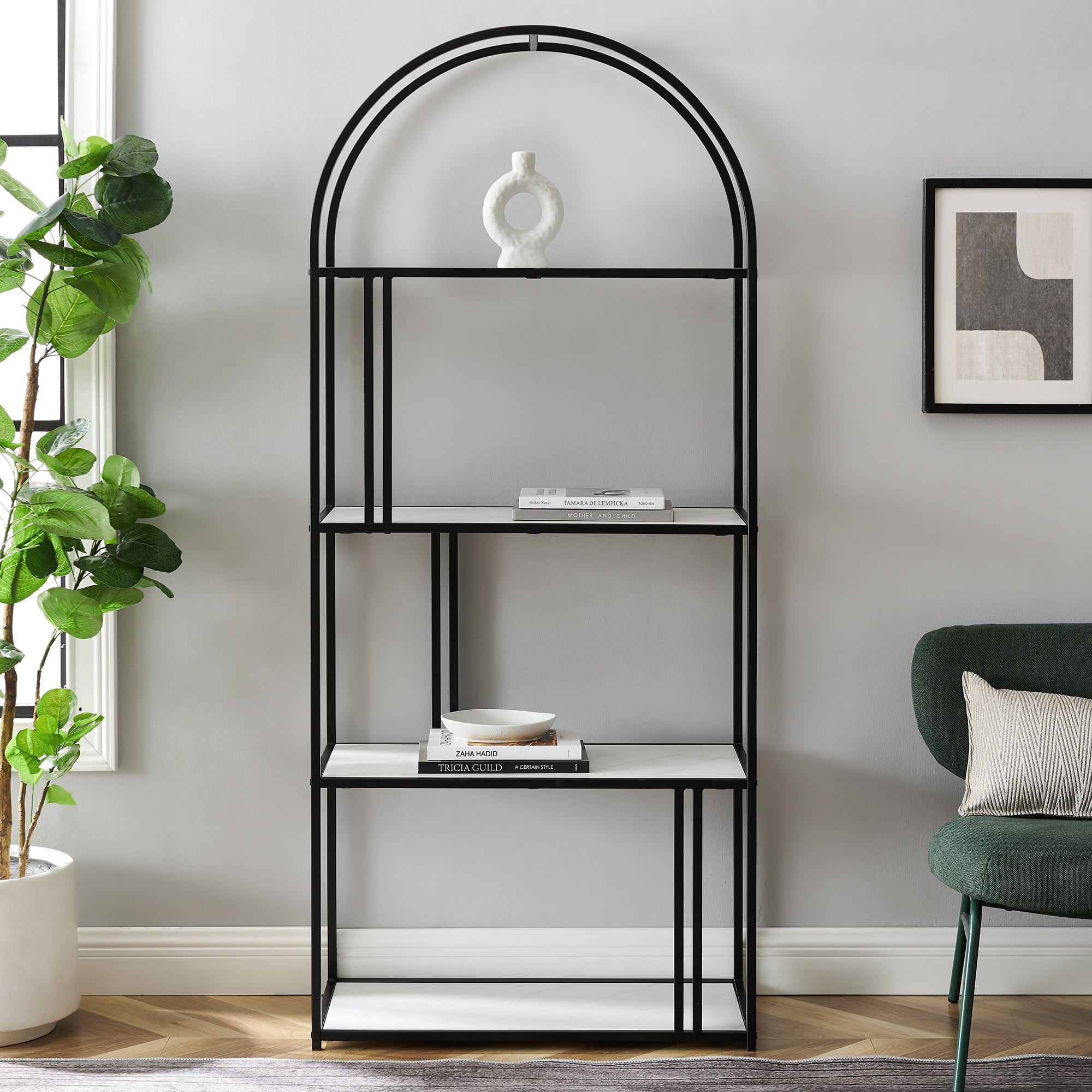Manor Park Modern Arch Open Bookcase, White Faux Marble