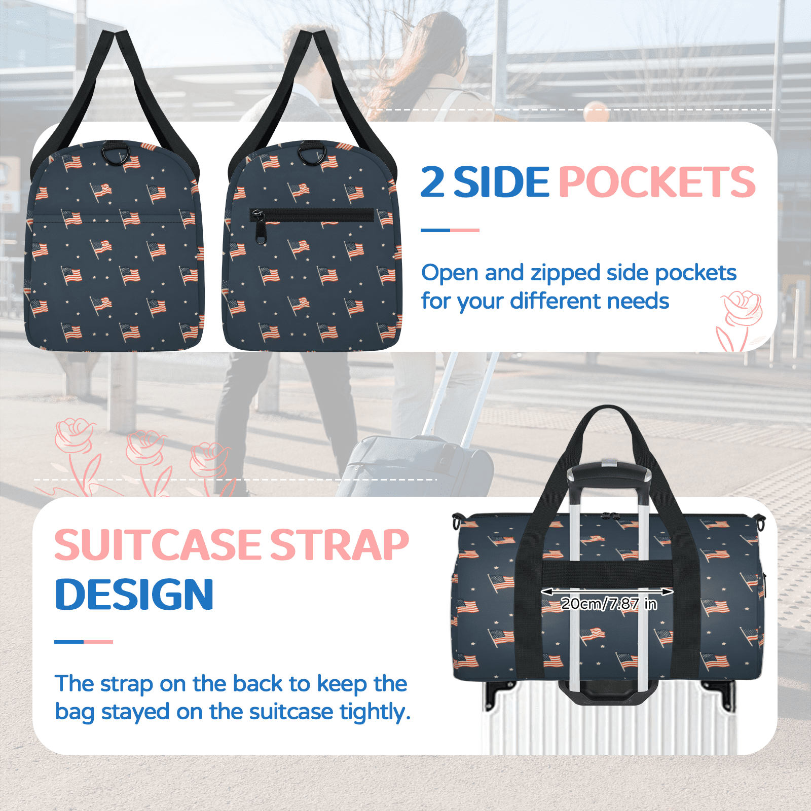 Herdesigns United States American Flag Gym Bag for Women, Duffle Bag for Travel Sport, 4th of July Lightweight Waterproof Carry on Weekender Dance Yoga Workout Bags