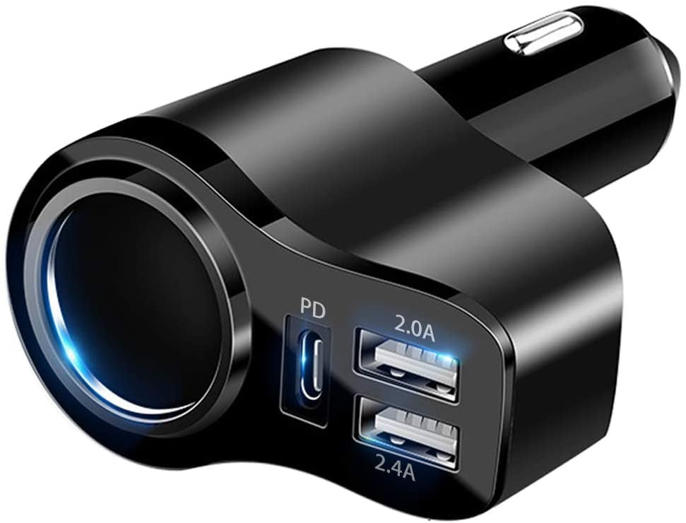 4 In 1 USB Car Charger, 36W Multi USB Cigarette Lighter Adapter, Socket Splitter with 3 USB Ports, 12V/24V Dual USB C PD Fast Car Charger Adapter, Suitable for IPhone 13/12/11/XS/8, Samsung, LG, GPS