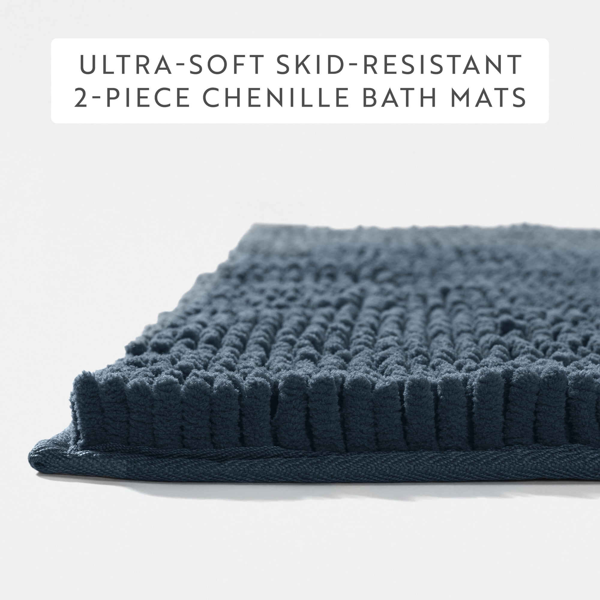 Soft Absorbent Chenille Bath Mat Rug with Anti-Skid Rubber Backing, 2 Pack, Navy, by Noble Linens