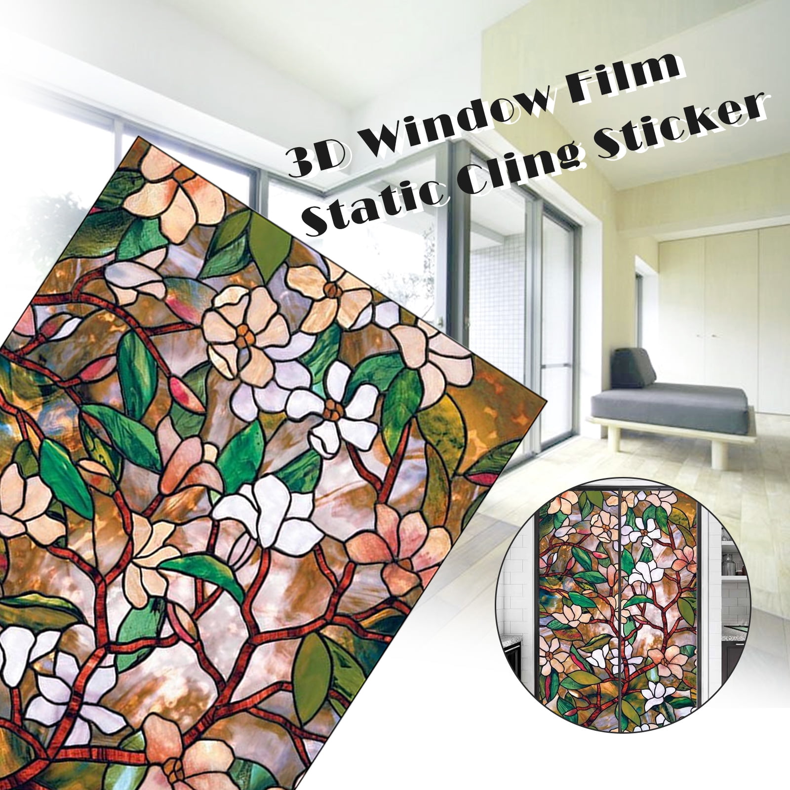 Branch with Leaves Window Film Stained Glass Film Grey Green Non Adhesive  Static Cling Glass Stickers Self Static Cling Vinyl Glass Film for Home