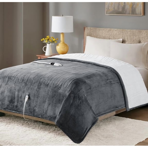 Sherpa Heated Blanket Twin Size, Soft Electric Blankets Washable | Controller with 1-10 Hour Auto Shut Off | 6 Heat Settings | Washable, 62" X 84" Grey