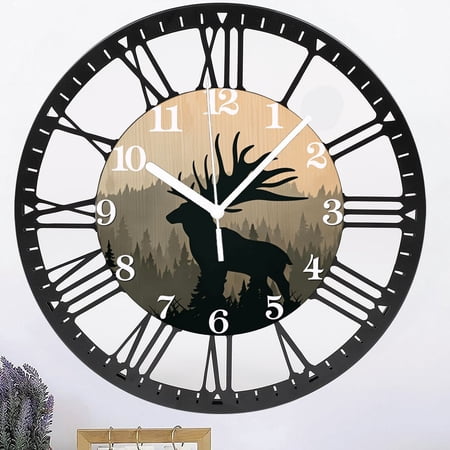 Iron Rustic Elk Deer Wall Clock 10 Inch Silent Wall Clocks Battery Operated Vintage Farmhouse Iron Clocks Decorative for Living Room Bedroom Kitchen Cabin Decor Style 10×10inch(25×25cm)