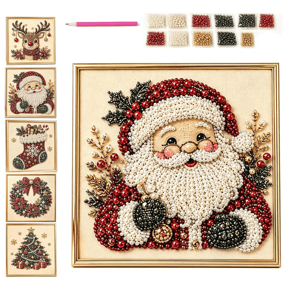 Christmas Pearl Diamond Painting Art Kit with Frame, DIY Pearl Beads Art Craft Kit for Adults Beginner, Gemstone Diamond Dots Beads for Home Decor Wall Art, Party Gift (RL)