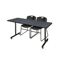Regency Kobe 60 x 30 in. T-Base Training Seminar Table- Grey, 2 Zeng Stack Chairs- Black