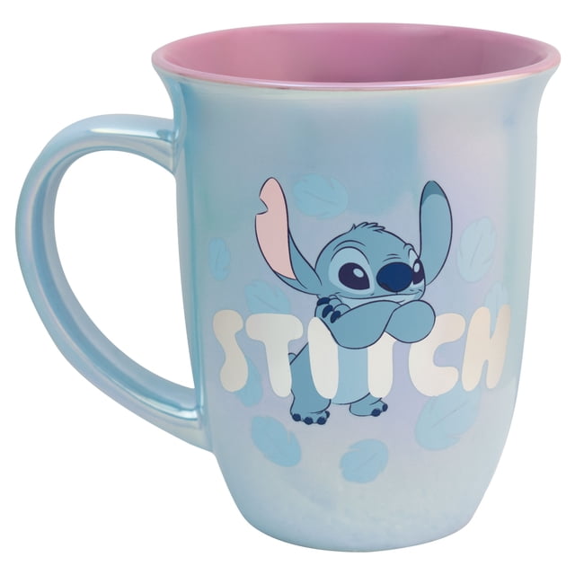 Tarro de Cerámica Iridiscente Bitono, Diseño Stitch, Disney Clásicos, Taza Bebidas Calientes, Capacidad 470 ml, Azul