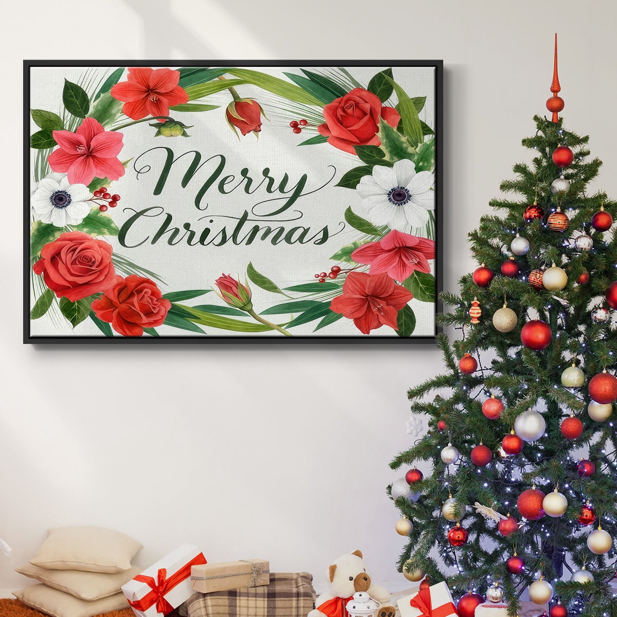 Christmas Flora Wreath Collection A - Framed Gallery Wrapped Holiday Canvas - 25 x 37 - Black Frame