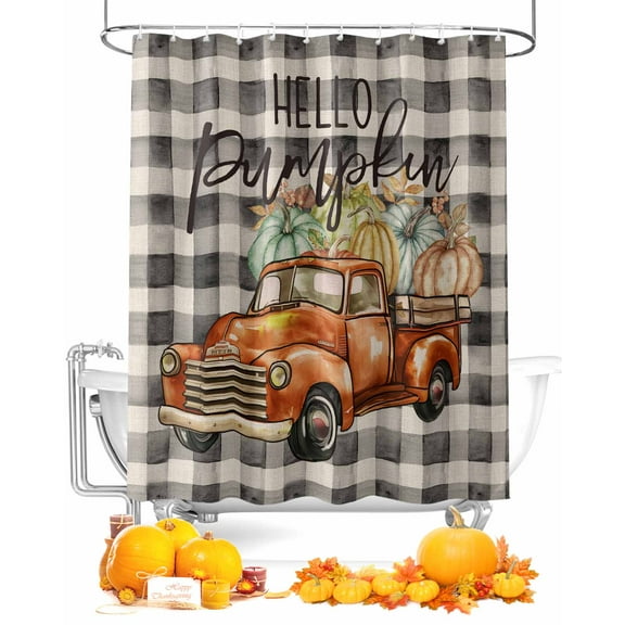 Fall Shower Curtain Watercolor Orange Truck Bathroom Curtains with Hooks, Waterproof Fabric Pumpkin Leaves Buffalo Plaid Thanksgiving Bath Shower Curtains Set for Bathroom Bathtubs Decor 72x72 Inch