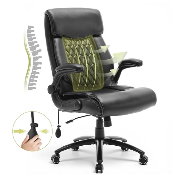 EOP Big and Tall Office Chair with Flip-Up Armrests, 500LBS Ergonomic Home Office Desk Chair, Faux Leather Computer Chair with Lumbar Support, 360°Swivel, Black