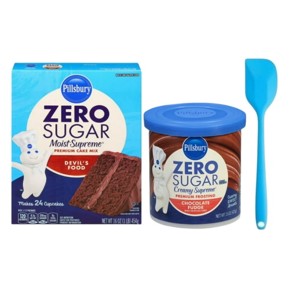 Pillsbury Zero Sugar, Moist Supreme Devil's Food Premium Cake Mix, 16 Oz Box and Creamy Supreme Chocolate Fudge Flavored Premium Frosting, 15 Oz Tub With Spatula