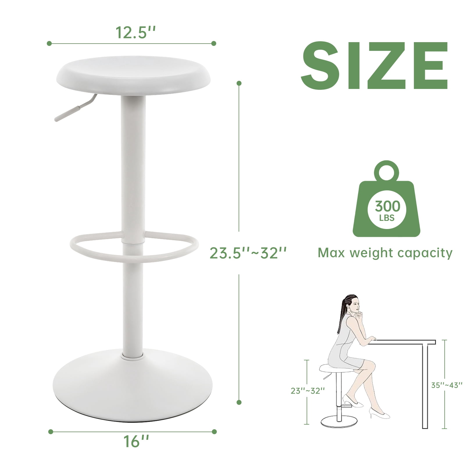 Metal Bar Stools, Counter Height Adjustable Barstools, Backless 360° Swivel Kitchen Stools for Island, Dining, Bistro, Pub (White)