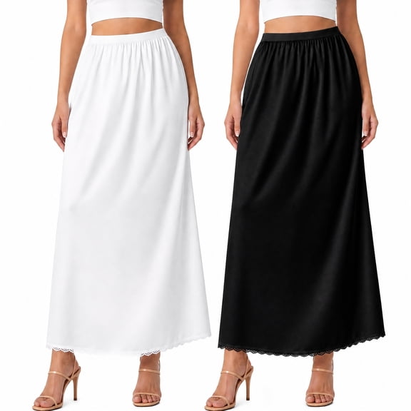 2 Pack Women's Satin Half Slip Underskirt, Anti See Through Lace Trim Long Skirt Liner, Lightweight Summer No Rolling Down Underskirt for Under Dresses, White & Black
