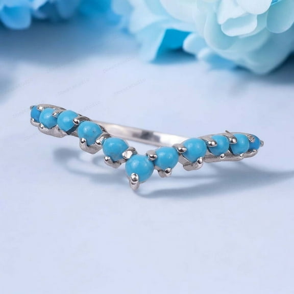 Blue Turquoise Bridal Band Half Eternity Curved Matching Band Sterling Silver Gold Band December Birthstone Gift