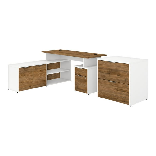 BBF Jamestown - Table avec Caisson Latéral à 2 Tiroirs - en Forme de L - Noyer Frais - base Blanche