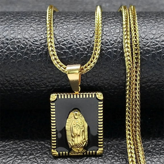 Virgin Mary Medallion Enamel Necklaces Clavicle Chain for Women 14K Yellow Gold Our Lady of Guadalupe Necklaces Jewelry