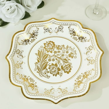 BalsaCircle 25 White Gold 10" Floral Disposable Dessert Paper Plates Scallop Trim Party Events Decorations