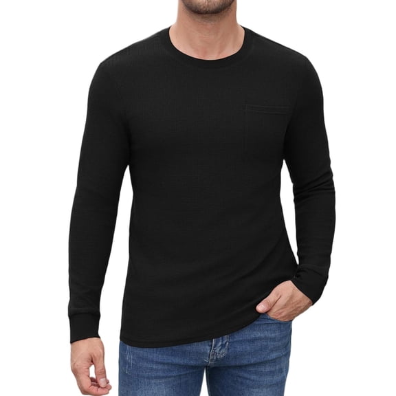 COOFANDY Men's Waffle Knit Long Sleeve T-Shirt, Crew Neck Thermal Pullover with Chest Pocket, Slim Fit Soft Casual Shirt for Fall Winter Daily Wear