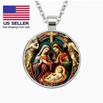 Retro Jesus Family Print Round Pendant Necklace, Best Christmas Gift for Women, Men, Girlfriend, Boyfriend