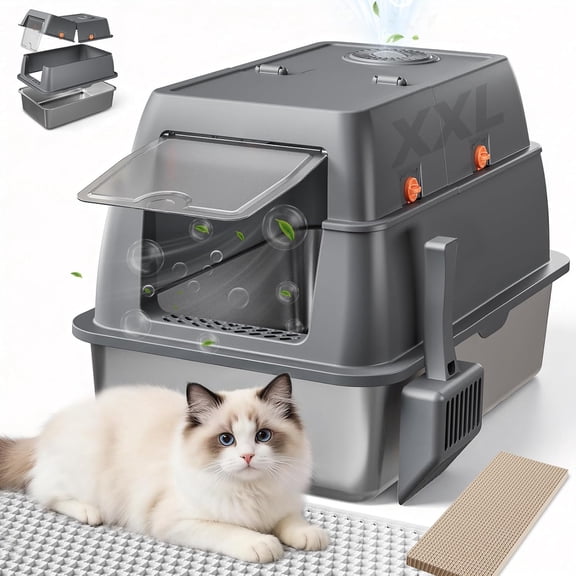 ZIYUN XXL Stainless Steel Cat Litter Box with Lid, High Sided Enclosed Litter Box, Activated Carbon Odor Control, Anti-Leak Extra Large Metal Litter Box with Mat, Scoop & Stickers, Grey