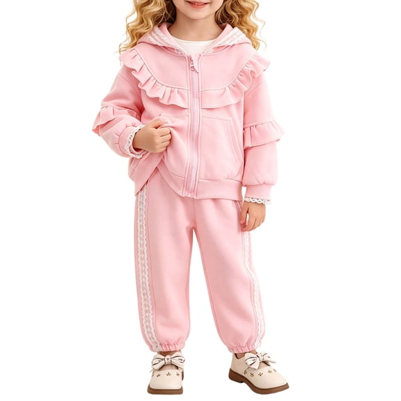 AKOEE Girls Clothes Sets 2 Piece Ruffled Lace Trim Long Sleeve Zip Hoodie Jacket and Jogger Pants Tracksuits (3-4 Years, Pink)