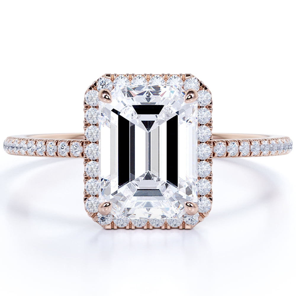 JeenMata Classic 2.25 Carat Emerald Cut Halo Engagement Ring in 18k Rose Gold Over Silver