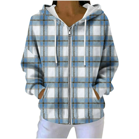 Enjoytime Fall Coats for Women 2025 Plaid Long Sleeve Full Zip Up Hoodies Fashion Casual Outerwear Winter Jackets with Pockets