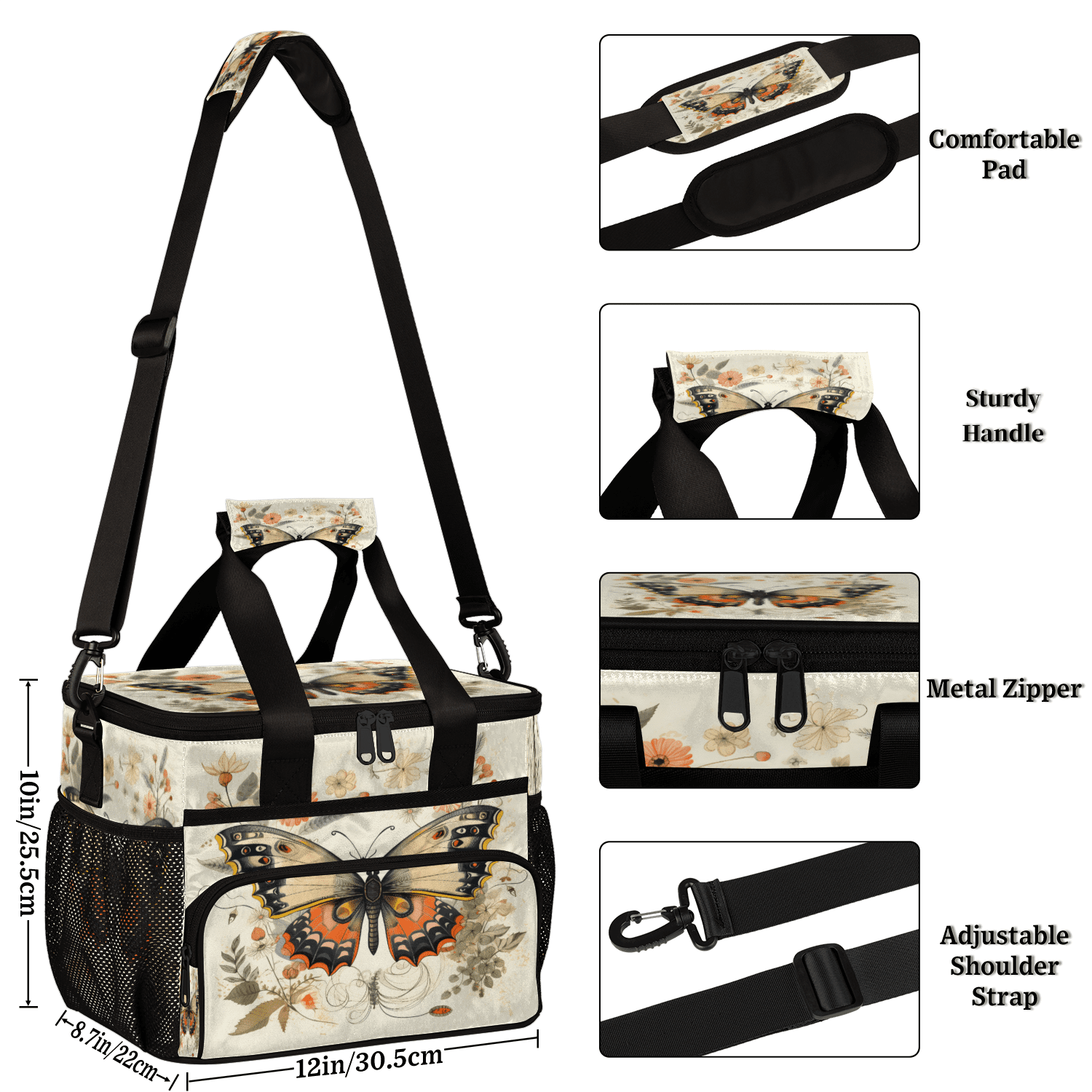 Herdesigns Flower Butterfly Large Lunch Box for Adults Women Men with Adjustable Shoulder Strap, Insulated Reusable Lunch Bag Leakproof Cooler Tote Bag