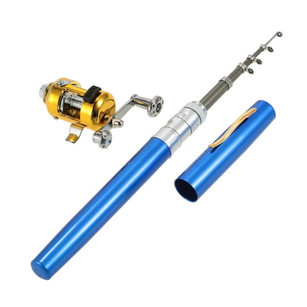 Fishing Rod Reel Combo Kit Set Mini Telescopic Portable Pocket Pen Fishing Rod Pole + Reel Aluminum Blue