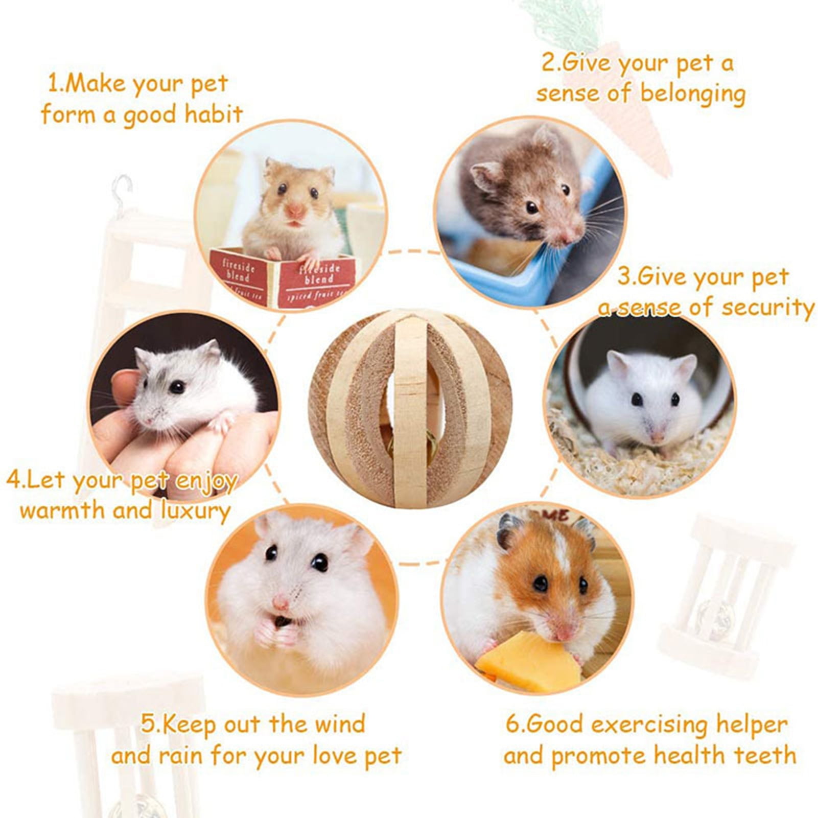 DOPI 6Pcs Hamster Chew Toys Multiple Types Exercise Training Natural Wood Small Pet Ladder Swing Toy Set for Rabbit