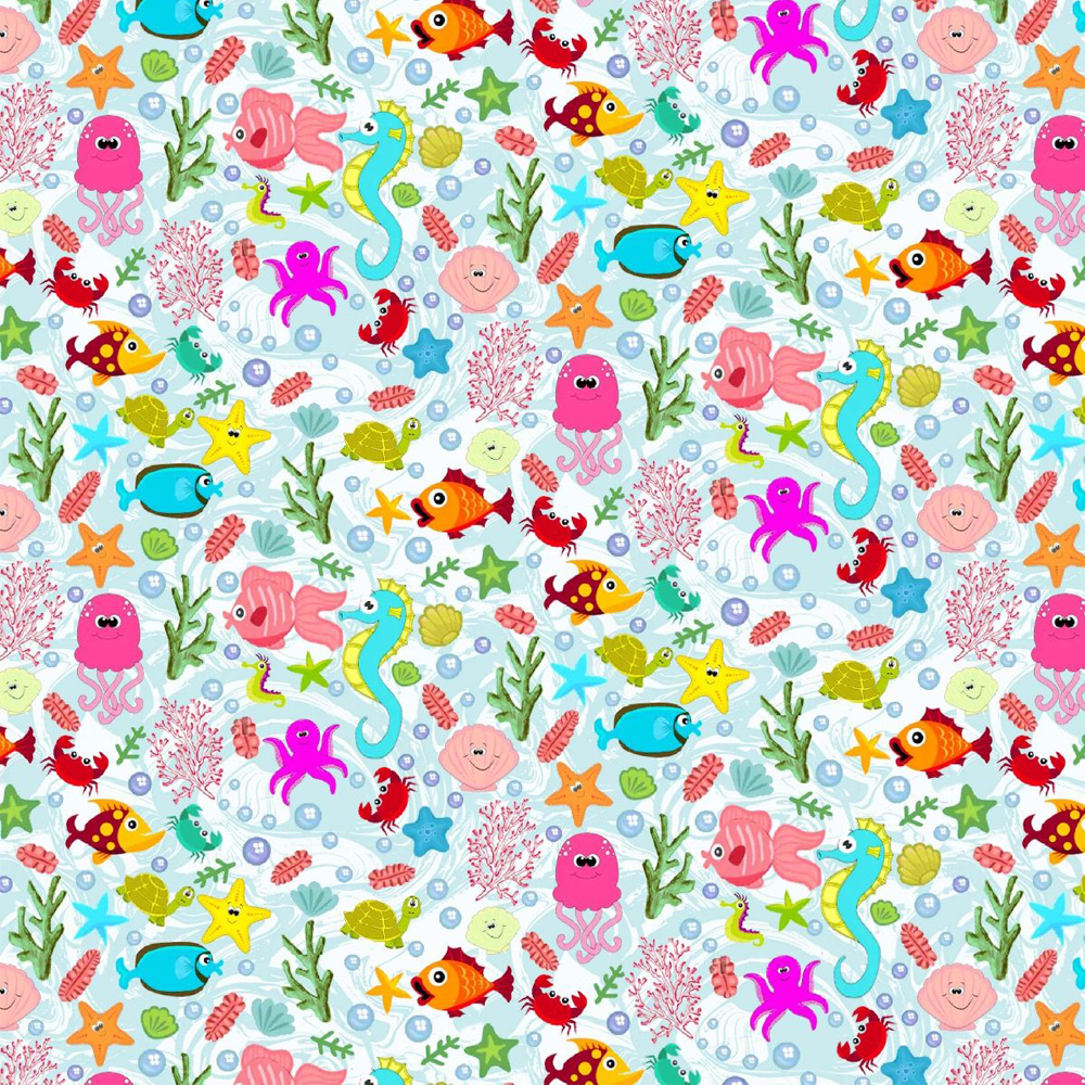 FREE SHIPPING!!! Sea Critter Friends (Baby Blue) Design 100% Cotton Quilting Fabric for DIY Projects by the Yard (Baby Blue, Green, Pink, Orange)