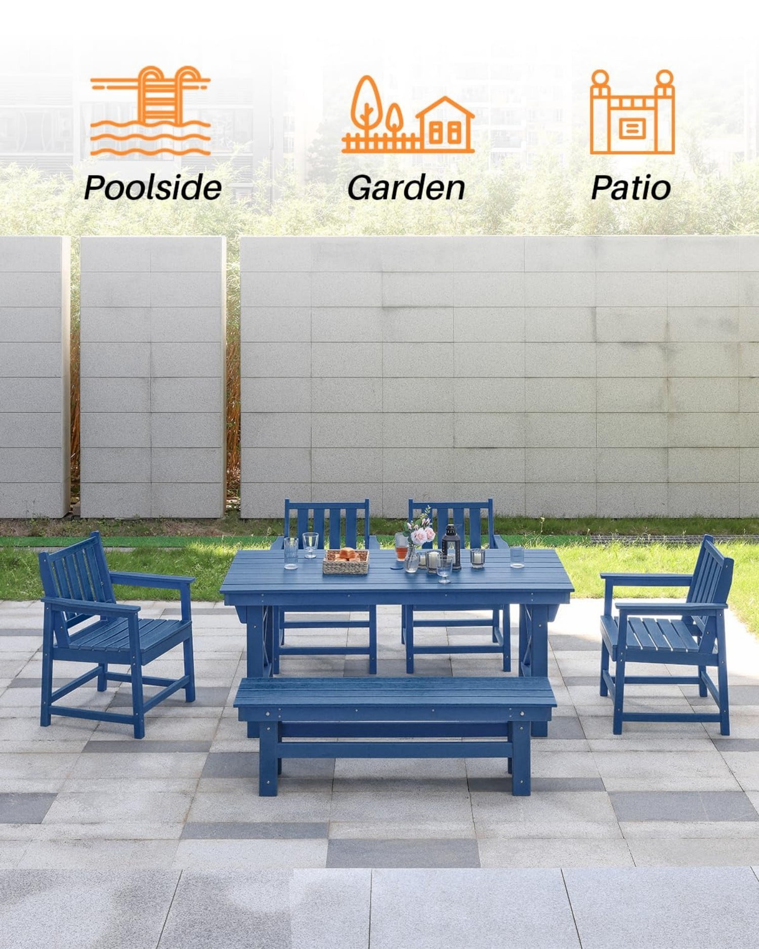 HDPE Outdoor Dining Table for 6, 66.9" Rectangle Patio Dining Table with 2.2" Umbrella Hole, All Weather HDPE Outdoor Table for Backyard, Deck, Garden, Poolside, Navy
