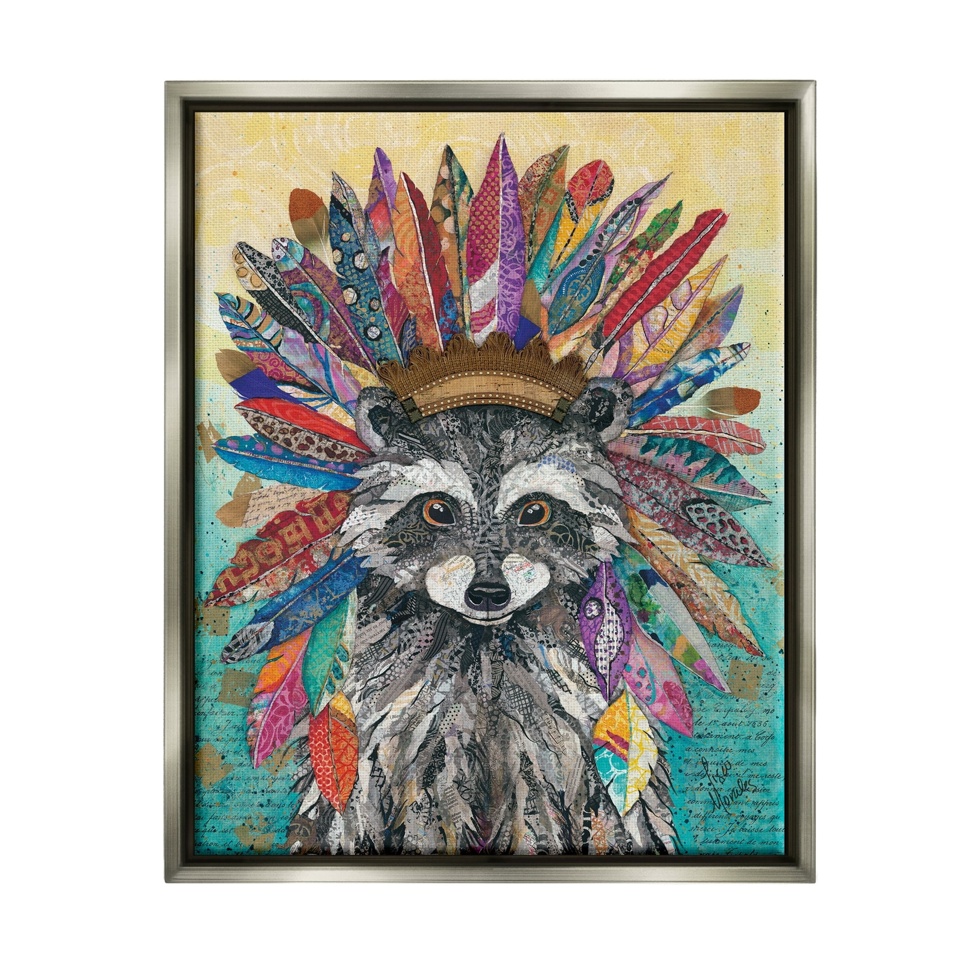 Stupell Industries Bold Tribal Raccoon Mixed Ephemera Collage Painting Painting Luster Gray Floating Framed Canvas Print Wall Art, Design by Lisa Morales