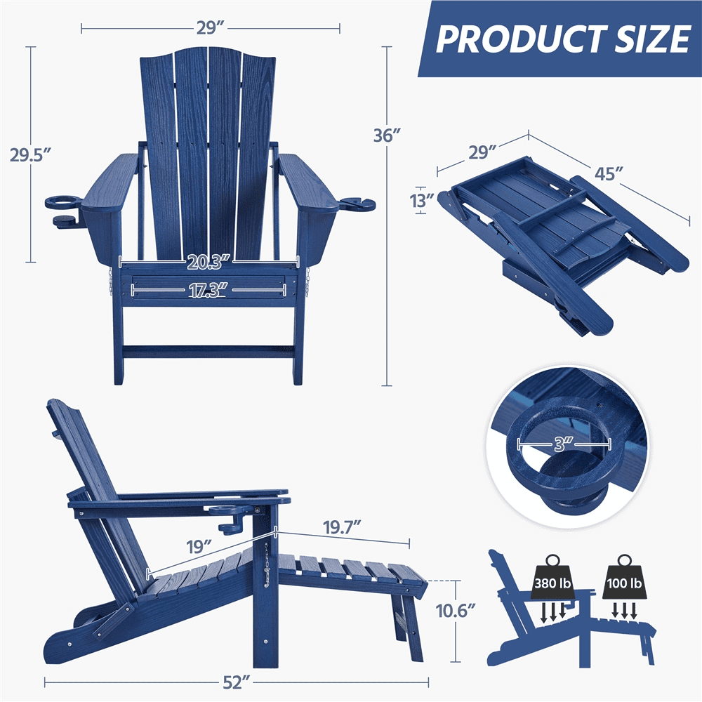 Renwick Outdoor HDPE Adirondack Chair with Retractable Ottoman, Navy Blue