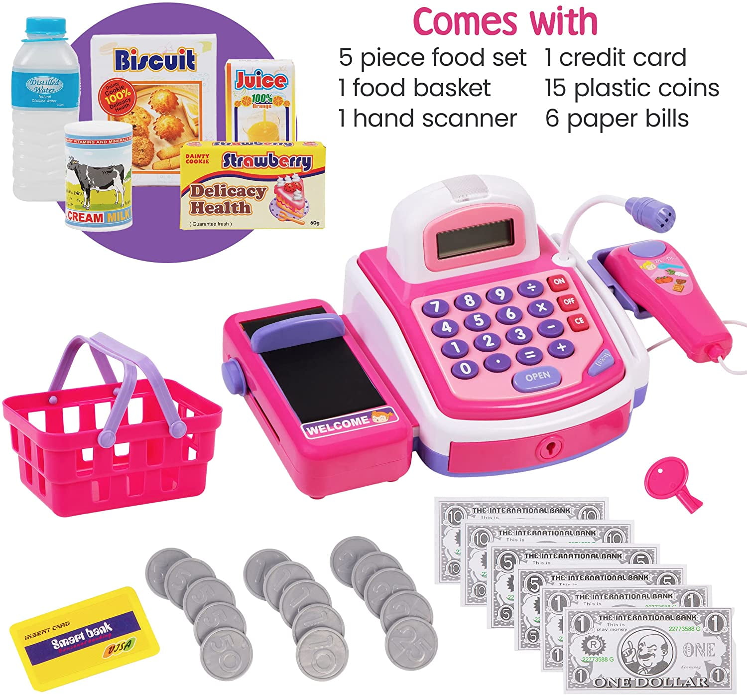 Learning Resources Pretend and Play Calculator Cash Register 73 Pieces Pink 