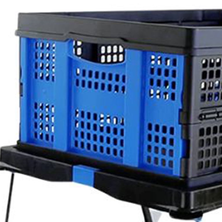 2-Tier Collapsible Utility Cart With Foot Brake - Foldable Shopping Cart With Basket, Blue