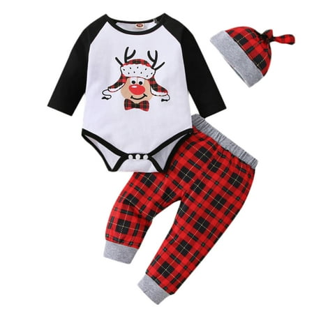 

SYNPOS Christmas Reindeer Romper Pants Hat Baby Boys Long Sleeve 3PCS Outfits