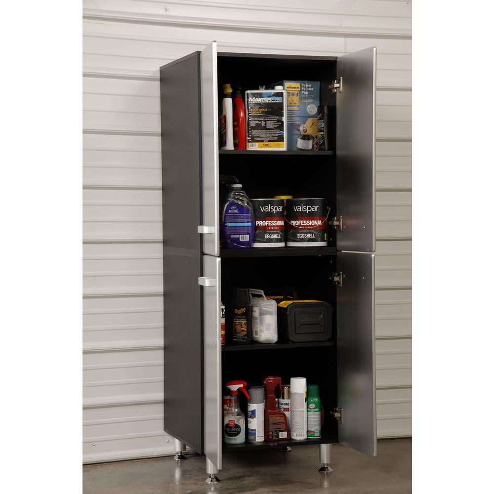 Tuff Stor 23.5" 4-door Contemporary Wood Garage Storage Cabinet in Silver/Black